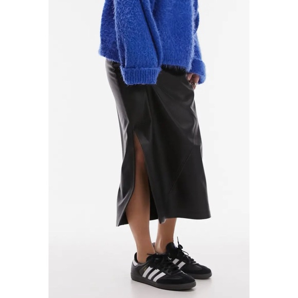 Topshop Black Faux Leather Midi Skirt, 6 - Picture 1 of 11